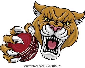 Cougar, panther, mountain lion or puma wildcat cat cricket mascot sports team mascot holding a ball