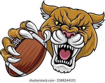 Cougar, panther, mountain lion or puma wildcat cat American football mascot sports team mascot holding a ball