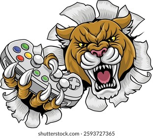 Cougar, panther, mountain lion or puma wildcat cat gamer sports mascot holding a video game controller