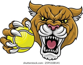 Cougar, panther, mountain lion or puma wildcat cat tennis sports team mascot holding a ball
