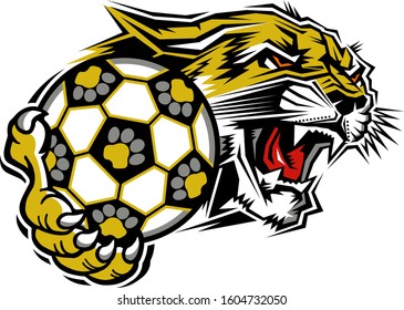 cougar soccer team mascot holding ball for school, college or league