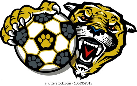 cougar soccer team mascot holding ball for school, college or league