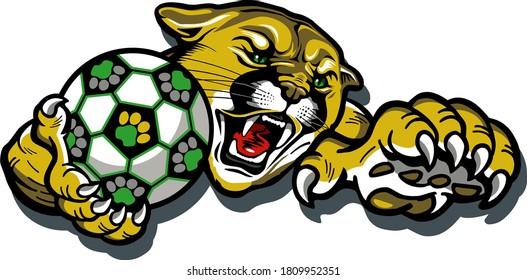 cougar soccer team mascot holding ball for school, college or league