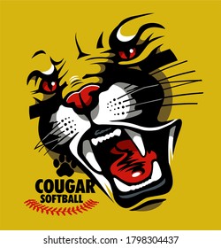 cougar softball team design with cougar face for school, college or league