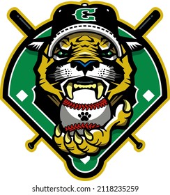 cougar team mascot and crossed bats on a baseball diamond for school, college or league