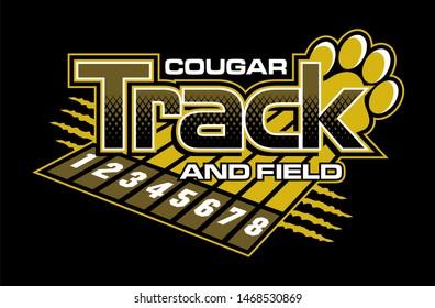 Cougar Track And Field Team Design With Track Lanes And Paw Print For School, College Or League