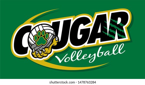 cougar volleyball team design with mascot claw holding ball for school, college or league