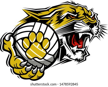 cougar volleyball team mascot holding ball for school, college or league