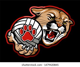 cougar volleyball team mascot holding ball for school, college or league