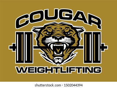 cougar weightlifting team design with mascot and barbell for school, college or league