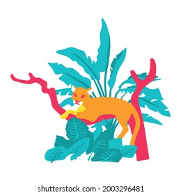 Cougar. A wild predatory cat lies on a tree. Vector illustration in bright saturated colors