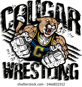 Cougar Wrestling Team Design With Muscular Mascot For School, College Or League