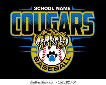 Cougars Baseball Team Design With Claw Holding Ball For School, College Or League