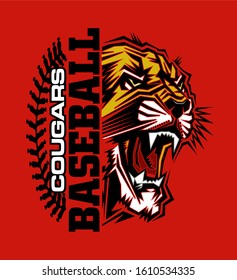 cougars baseball team design with stitches and half mascot for school, college or league