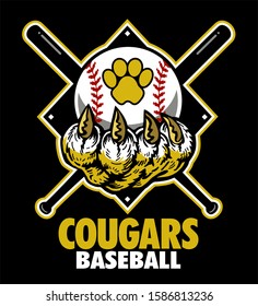 cougars baseball team diamond design with claw holding ball for school, college or league