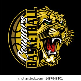 cougars basketball team design with ball and half mascot for school, college or league