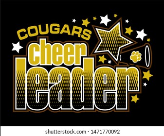 cougars cheerleader team design with megaphone and stars for school, college or league