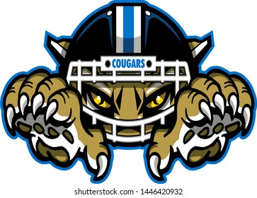 cougars football mascot wearing helmet with facemask and claws for school, college or league