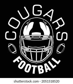 Cougars Football One Color - White ist ein Team-Design-Vorlage, die Text, zwei Fußbälle und ein Fußball-Helm enthält. Ideal für Cougar-T-Shirts, Umarmungen, Werbung und Werbeaktionen für Teams oder Schulen.