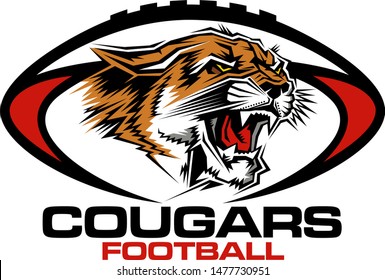 cougars football team design with mascot head inside ball for school, college or league