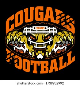 cougars football team design with mascot inside ball for school, college or league