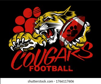 diseño del equipo de fútbol de los cougars con mascota sosteniendo el balón en claw para la escuela, universidad o liga