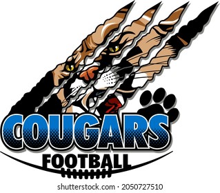 cougars football team design with mascot face inside claw marks for school, college or league