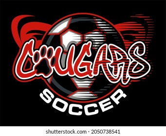 cougars soccer team design with ball and paw print for school, college or league