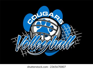 diseño de equipo de voleibol de cougars con huella de pata y red para deportes escolares, universitarios o de liga