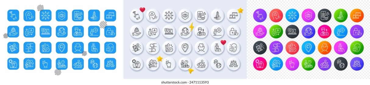 Cough, Business target and Payment method line icons. Square, Gradient, Pin 3d buttons. AI, QA and map pin icons. Pack of Jobless, Crowdfunding, Bike courier icon. Vector