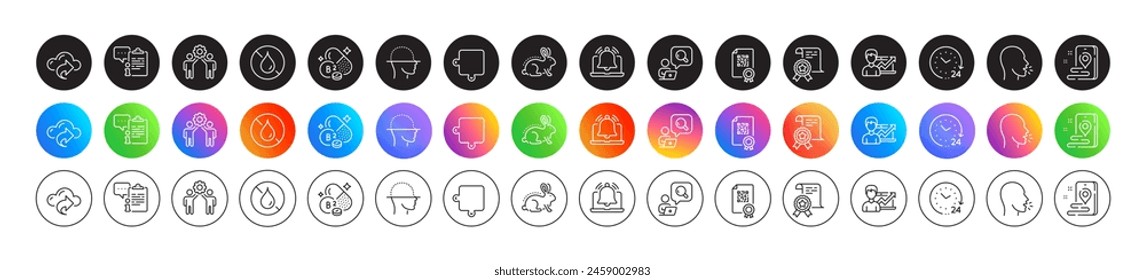Cough, Cloud share and Certificate line icons. Round icon gradient buttons. Pack of No waterproof, Qr code, Riboflavin vitamin icon. Employees teamwork, 24 hours, Success business pictogram. Vector