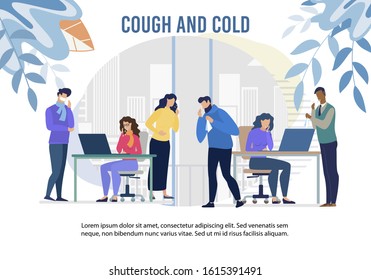 Cough and Cold Epidemic in Office Warning Banner. Cartoon Man and Woman Workers Feeling Unwell Having Infection, Flu Symptoms. Health Protection with Pills and Vaccination. Vector Medical Illustration