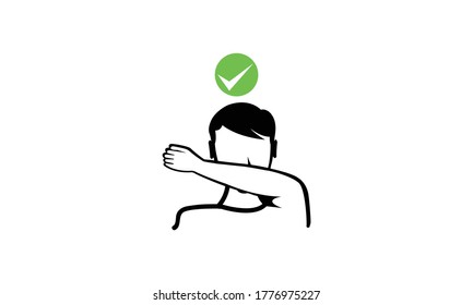 Cough Covering With The Arm. Line Icon. The Man Sneezes Or Coughs With His Out Of Hand Outline Style. Use The Elbow To Not Spread The Virus. Protection Concept Symbol Illustration On White Background