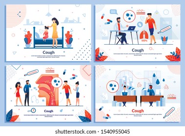 Cough as Disease Symptom Flat Medical Banner Set. Cartoon Doctor Consulting Patient. Sick Men and Women, Mother with Child Character Suffering from Tussis. Infections and Viruses. Vector Illustration