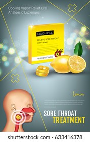 Cough Drops ads. Vector 3d Illustration with lemon pills for throat. Vertical poster with product's package.