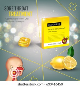 Cough Drops ads. Vector 3d Illustration with lemon pills for throat. Poster with product's package.