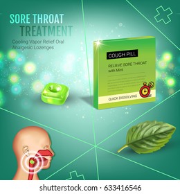 Cough Drops ads. Vector 3d Illustration with mint pills for throat. Poster with product's package.