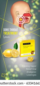 Cough Drops ads. Vector 3d Illustration with lemon pills for throat. Vertical banner with product's package.