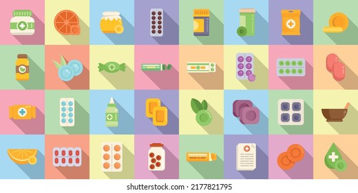 Cough drops icons set flat vector. Pill medicine. Drugs disease