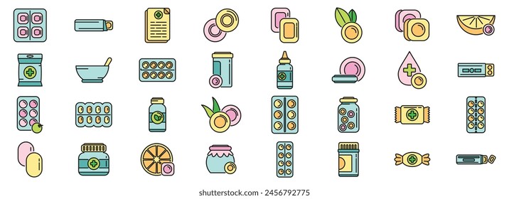 Cough drops icons set outline vector. Pill medicine. Drugs disease thin line color flat on white