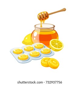 Cough drops. Sore throat remedy, package of yellow lozenges, lemon and honey. Vector illustration cartoon flat icon isolated on white.