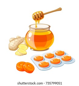 Cough drops. Sore throat remedy, package of orange lozenges, ginger and honey. Vector illustration cartoon flat icon isolated on white.