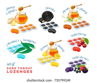 Cough drops. Sore throat remedy, colorful set of package of lozenges, flavored different tastes, with inscriptions. Vector illustration cartoon flat icon collection isolated on white.