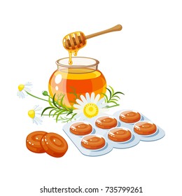 Cough drops. Sore throat remedy, package of lozenges, herbs and honey. Vector illustration cartoon flat icon isolated on white.