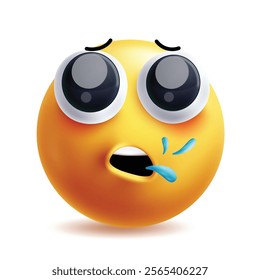 Cough emoji clipart 3d character. Emoji coughing, sick, flu, virus, sad and unwell facial expressions yellow round graphic elements in white background. Vector illustration cough emoticon clip art.
