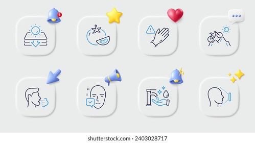 Cough, Face accepted and Sun protection line icons. Buttons with 3d bell, chat speech, cursor. Pack of Use gloves, Washing hands, Mountain bike icon. Tomato, Face id pictogram. Vector
