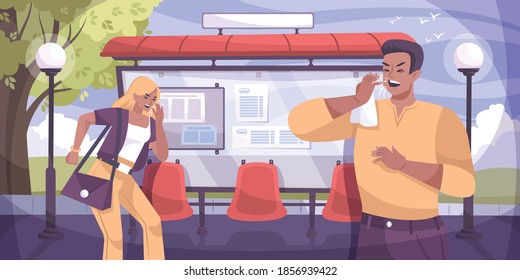 Cough flat composition with outdoor landscape with bus stop shelter and coughing male and female characters vector illustration