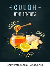 Cough home remedies. A glass pot full of honey, honey dipper, sliced ginger, lemon. Vector illustration cartoon flat icon poster on black chalkboard.