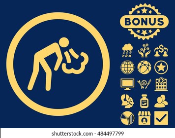 Cough icon with bonus design elements. Vector illustration style is flat iconic symbols, yellow color, blue background.