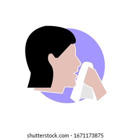 Cough icon in flat design. Vector illustration. The woman sneezes and covers her mouth